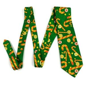 Alfanso Laporta Green Candy Cane Print Silk Holiday Necktie Mens Ugly Christmas
